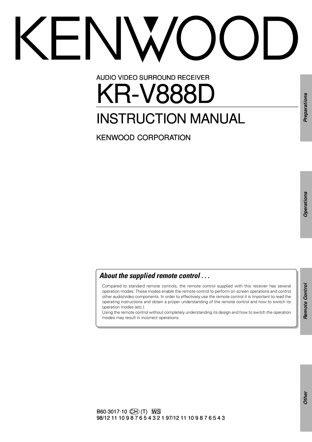Kenwood KR-V888D instruction manual About the supplied remote control, Kenwood Corporation, Audio Video Surround Receiver 