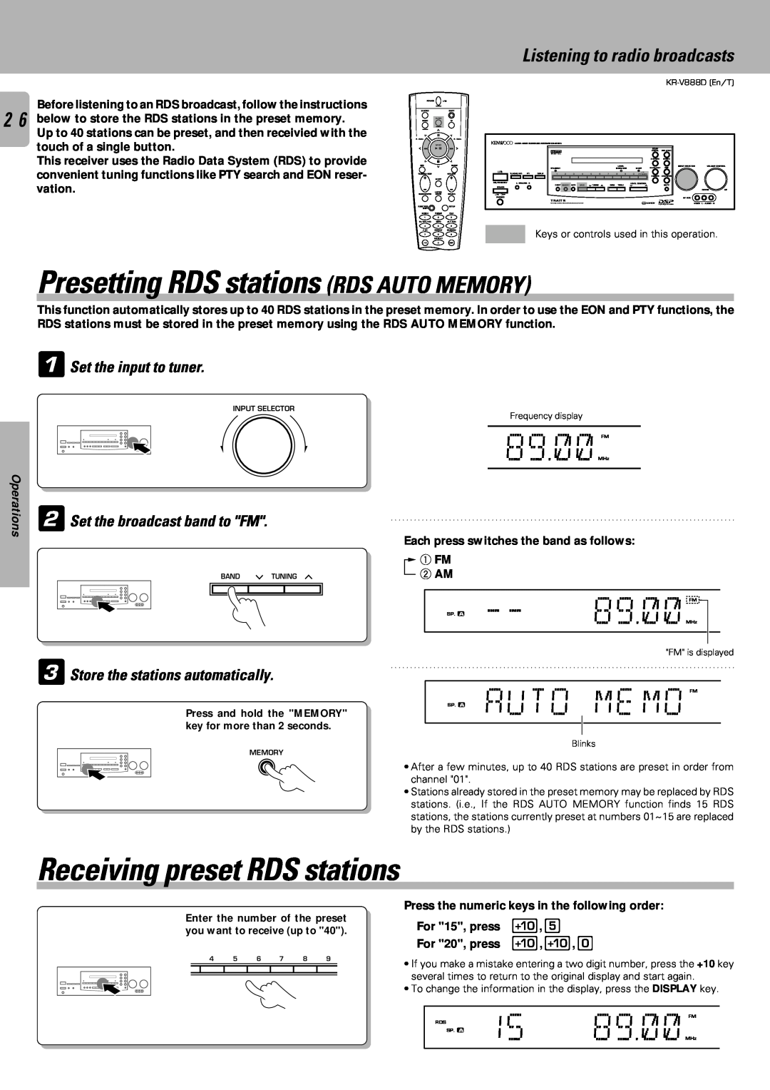 Kenwood KR-V888D Auto Me Mo, Presetting RDS stations RDS AUTO MEMORY, Receiving preset RDS stations, 89. FM, 89.MHz 
