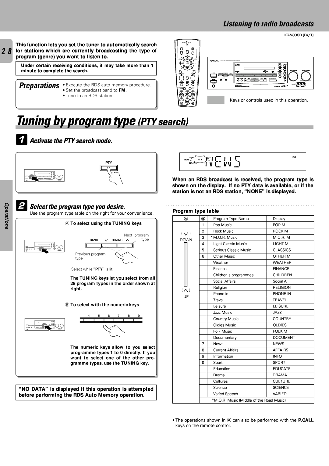Kenwood KR-V888D NEWs, Tuning by program type PTY search, 1Activate the PTY search mode, Listening to radio broadcasts 
