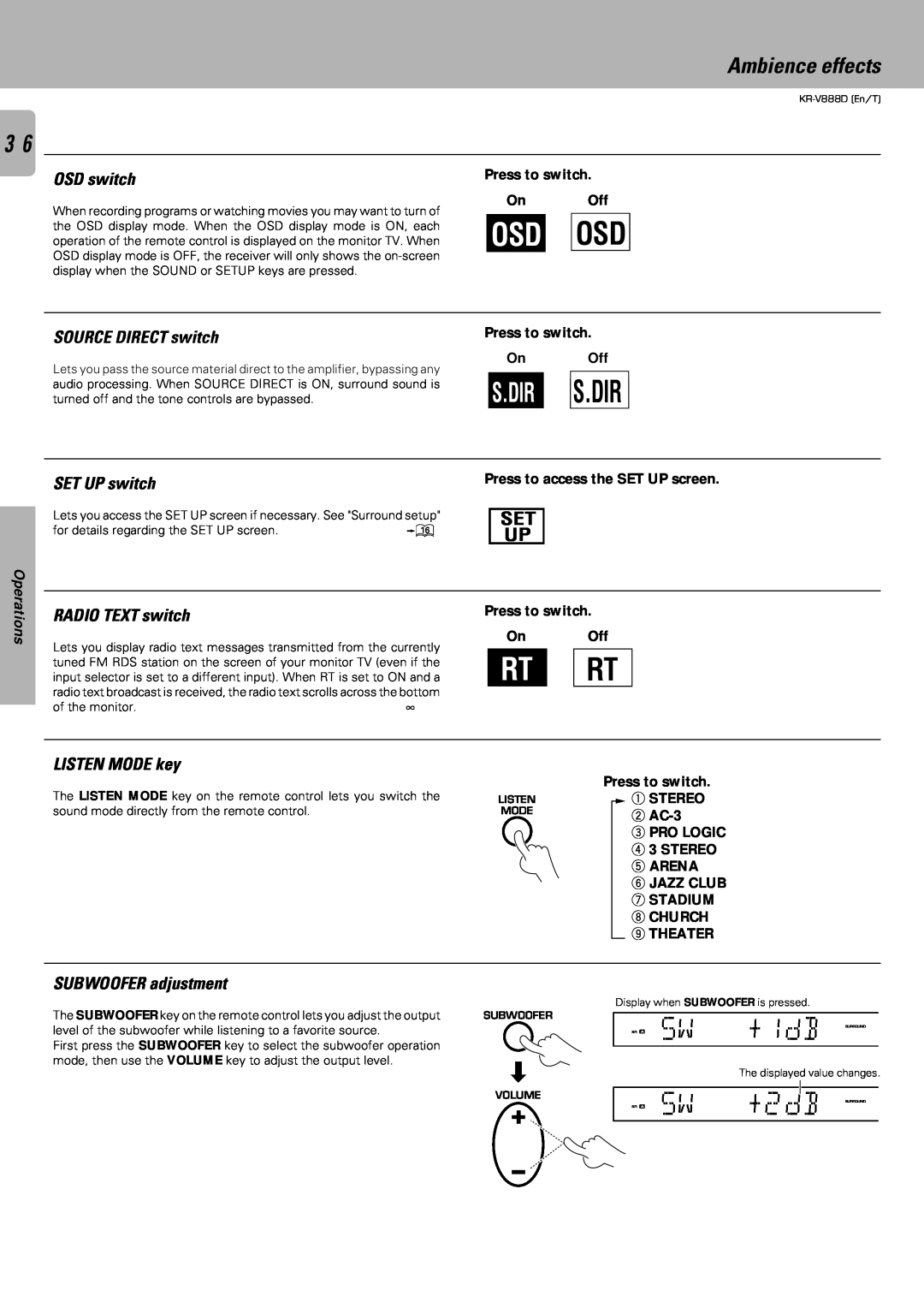 Kenwood KR-V888D instruction manual SP. A SW +2dB SURROUND, Osdosd, S.Dir, Ambience effects, Operations 