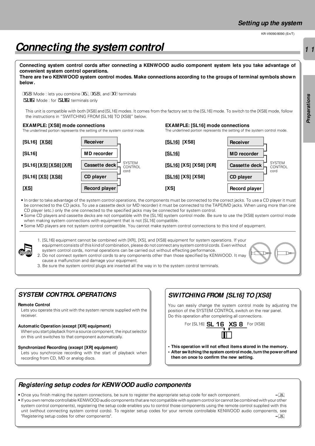 Kenwood KR-V8090, KR-V9090 Connecting the system control, Registering setup codes for Kenwood audio components 