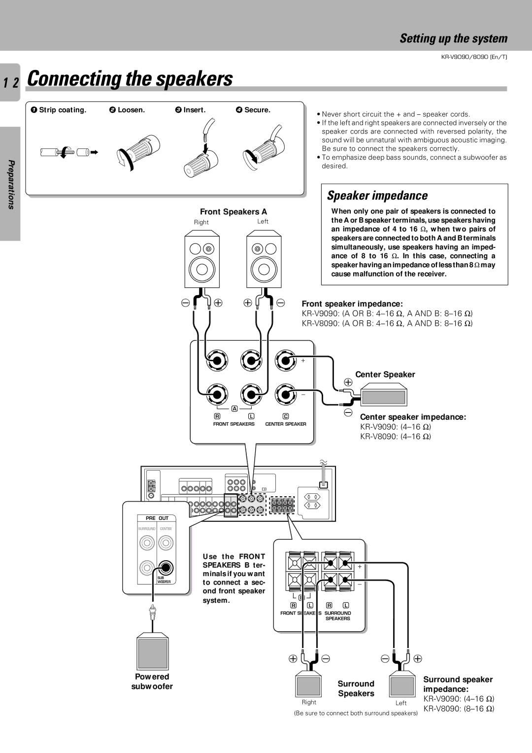 Kenwood KR-V9090, KR-V8090 Connecting the speakers, Speaker impedance, Front Speakers a, Front speaker impedance 