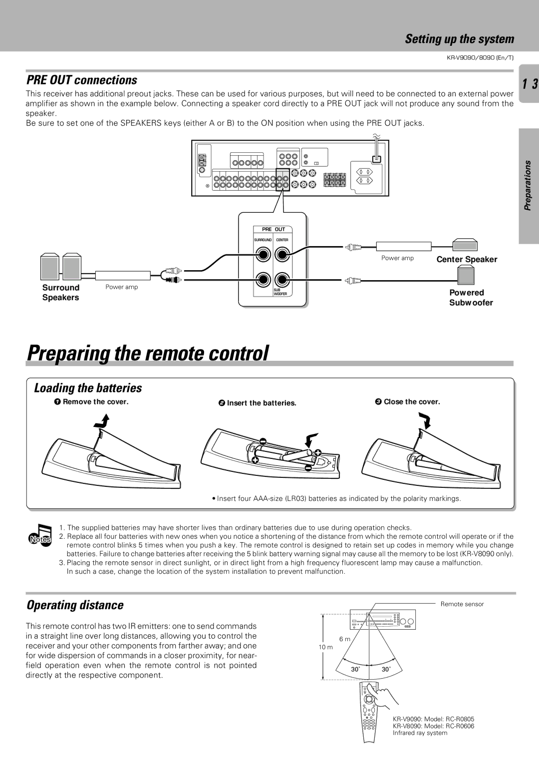 Kenwood KR-V8090, KR-V9090 Preparing the remote control, PRE OUT connections, Loading the batteries, Operating distance 