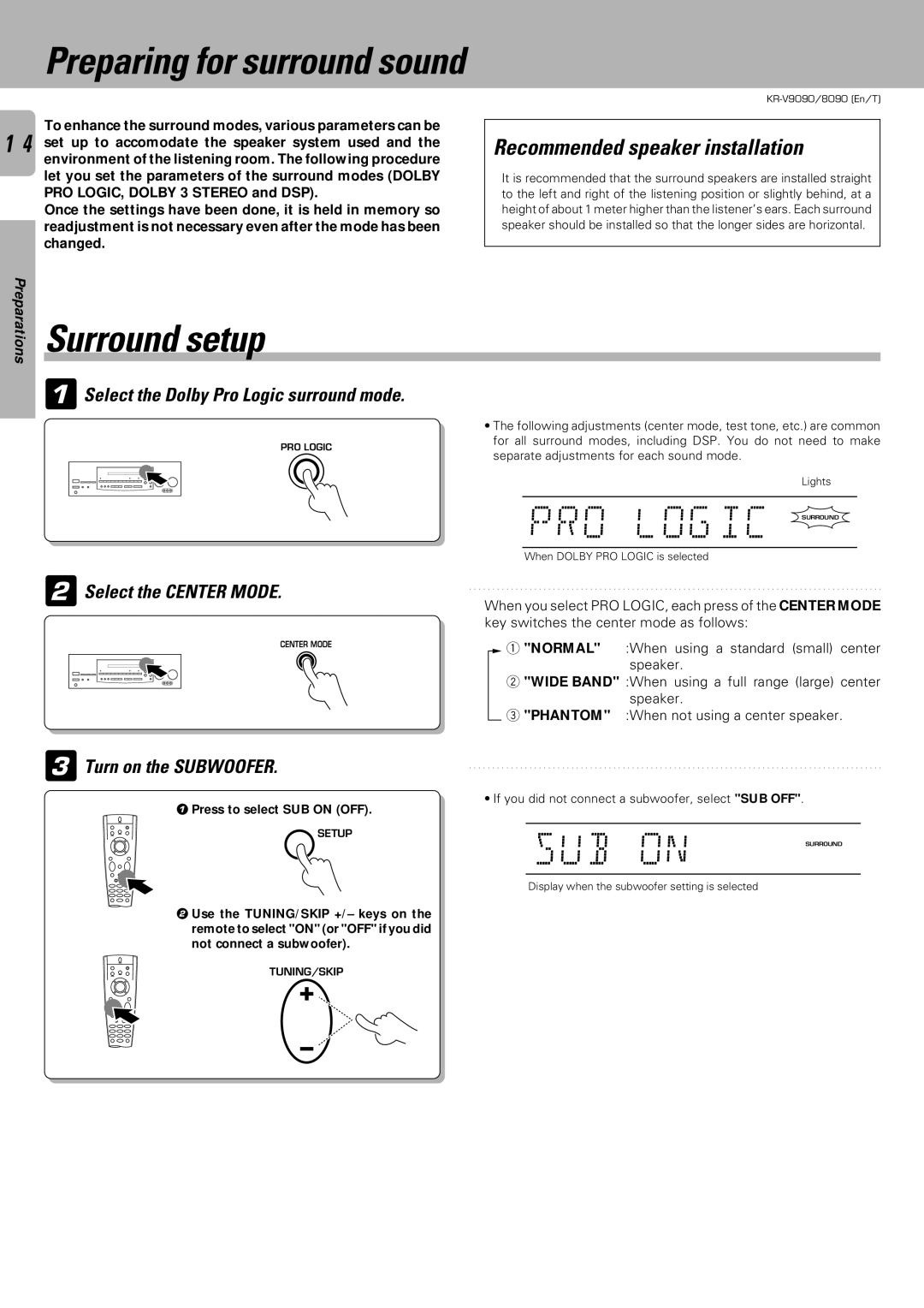 Kenwood KR-V9090, KR-V8090 instruction manual PRO LOG IC Surround, SUB on, Surround setup, Recommended speaker installation 