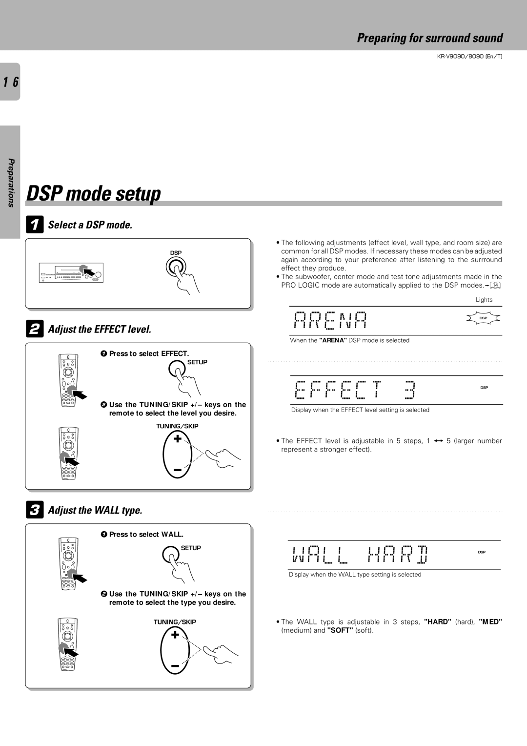 Kenwood KR-V9090, KR-V8090 instruction manual Arena DSP, Effect, Wall HA RD, DSP mode setup 