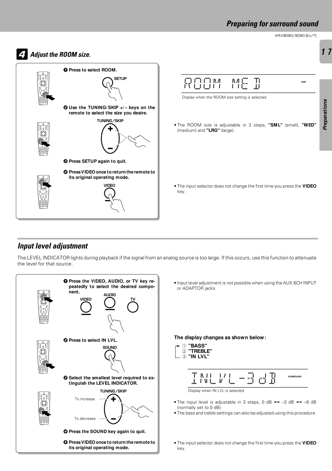 Kenwood KR-V8090, KR-V9090 Room ME D, INLVL-3 dB Surround, Input level adjustment, Preparing for surround sound 