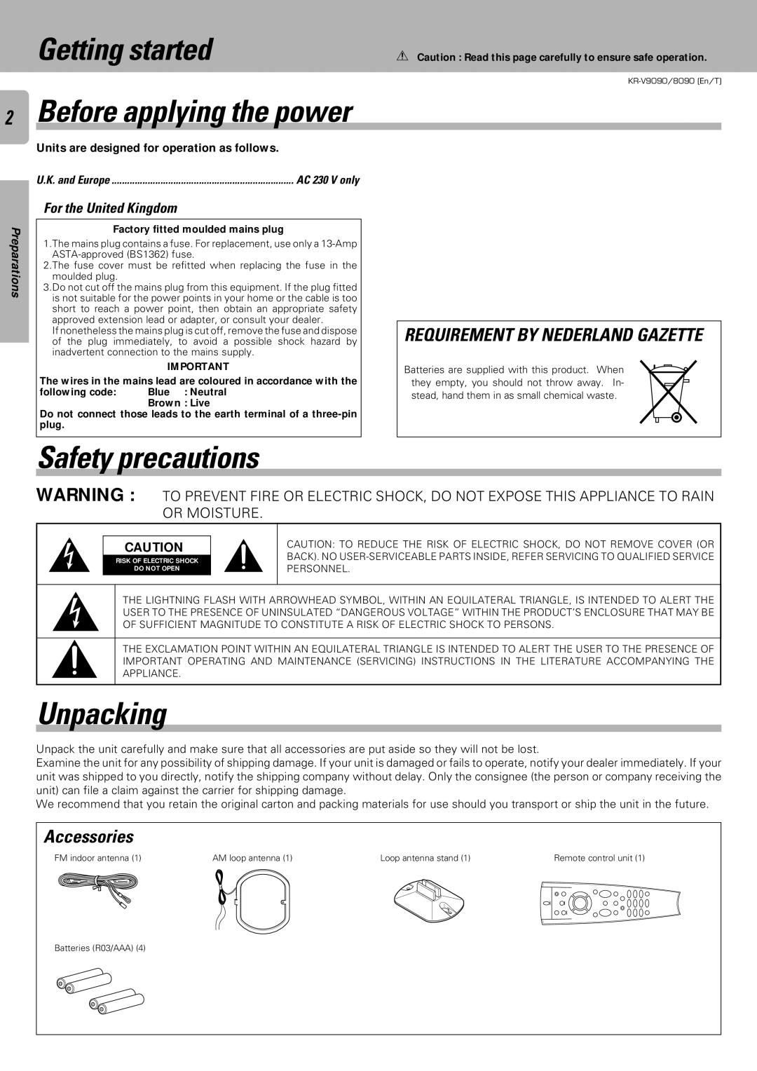 Kenwood KR-V9090, KR-V8090 Getting started, Safety precautions, Unpacking, Accessories, For the United Kingdom 