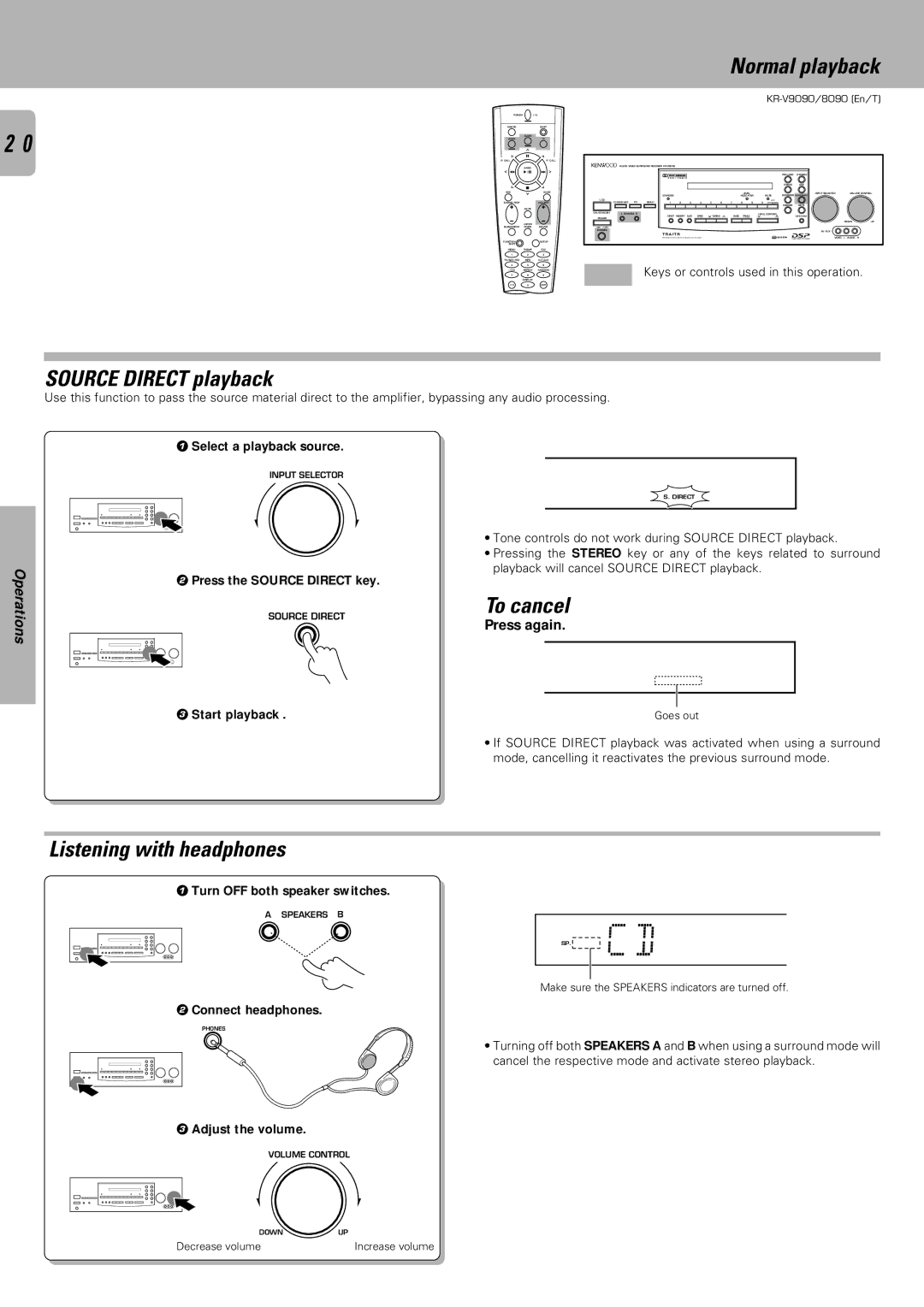 Kenwood KR-V9090, KR-V8090 instruction manual Source Direct playback, Listening with headphones 