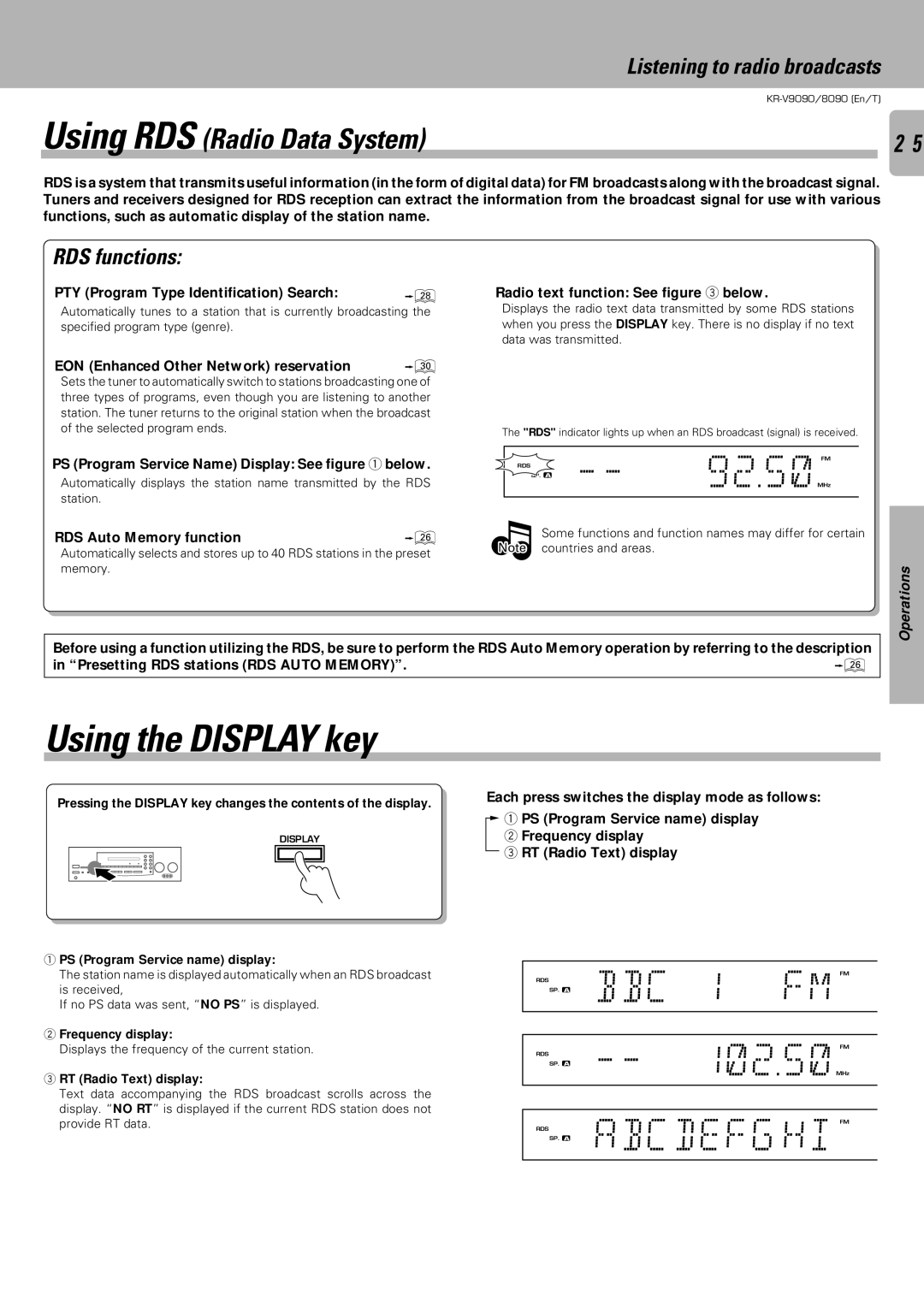 Kenwood KR-V8090, KR-V9090 instruction manual 92.5 MHz, Bbc, 12.5MHz, Using the Display key, RDS functions 