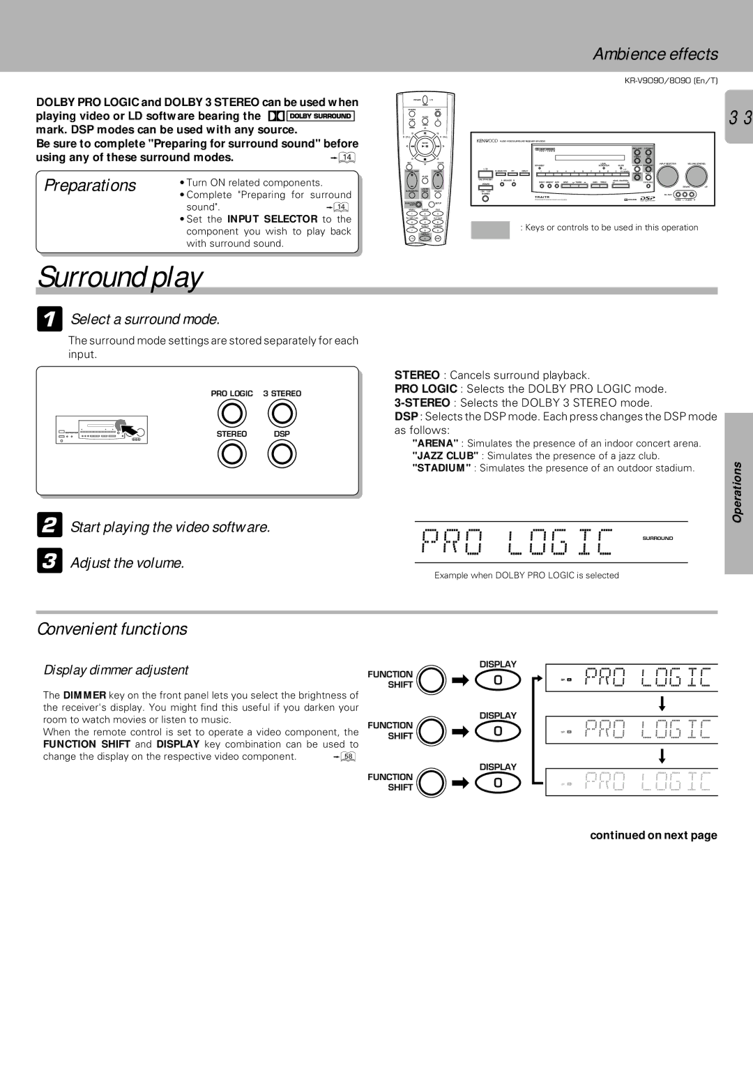 Kenwood KR-V8090, KR-V9090 instruction manual Surround play, Ambience effects, Preparations, Convenient functions 