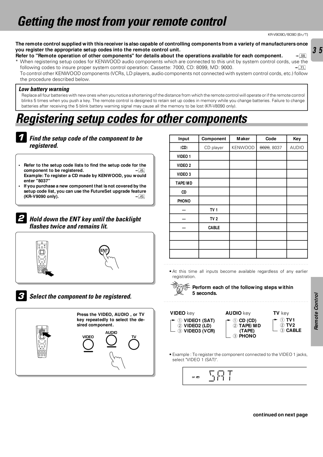 Kenwood KR-V8090, KR-V9090 Getting the most from your remote control, Registering setup codes for other components 