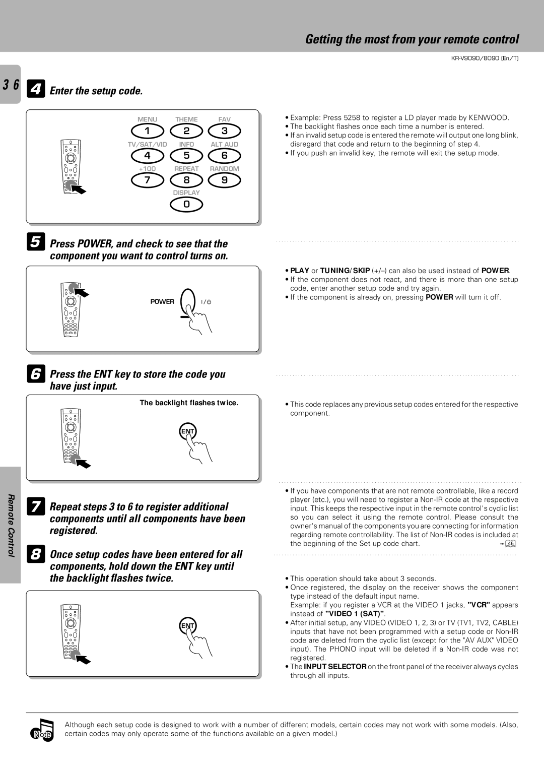 Kenwood KR-V9090, KR-V8090 instruction manual Getting the most from your remote control, 4Enter the setup code 