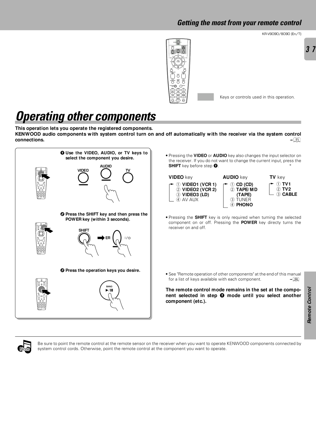 Kenwood KR-V8090 Operating other components, Video key Audio key TV key, Press the operation keys you desire, VIDEO3 LD 