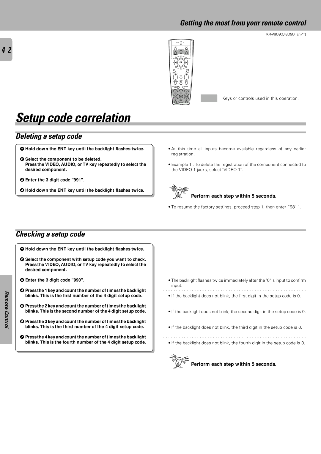 Kenwood KR-V9090 Setup code correlation, Deleting a setup code, Checking a setup code, Perform each step within 5 seconds 