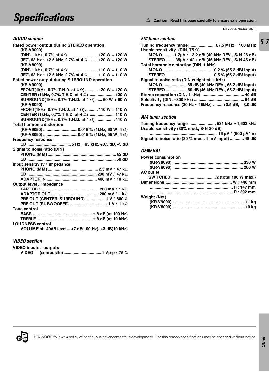 Kenwood KR-V8090, KR-V9090 instruction manual Specifications, Audio section, Video section, AM tuner section 