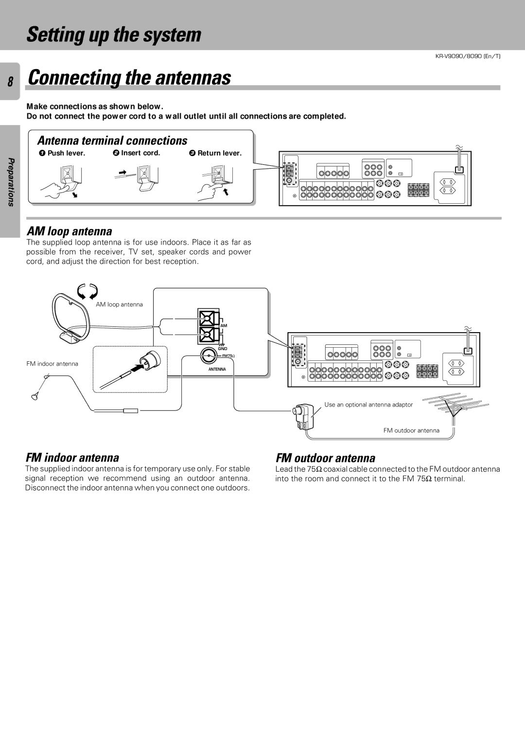 Kenwood KR-V9090, KR-V8090 instruction manual Setting up the system, Connecting the antennas 