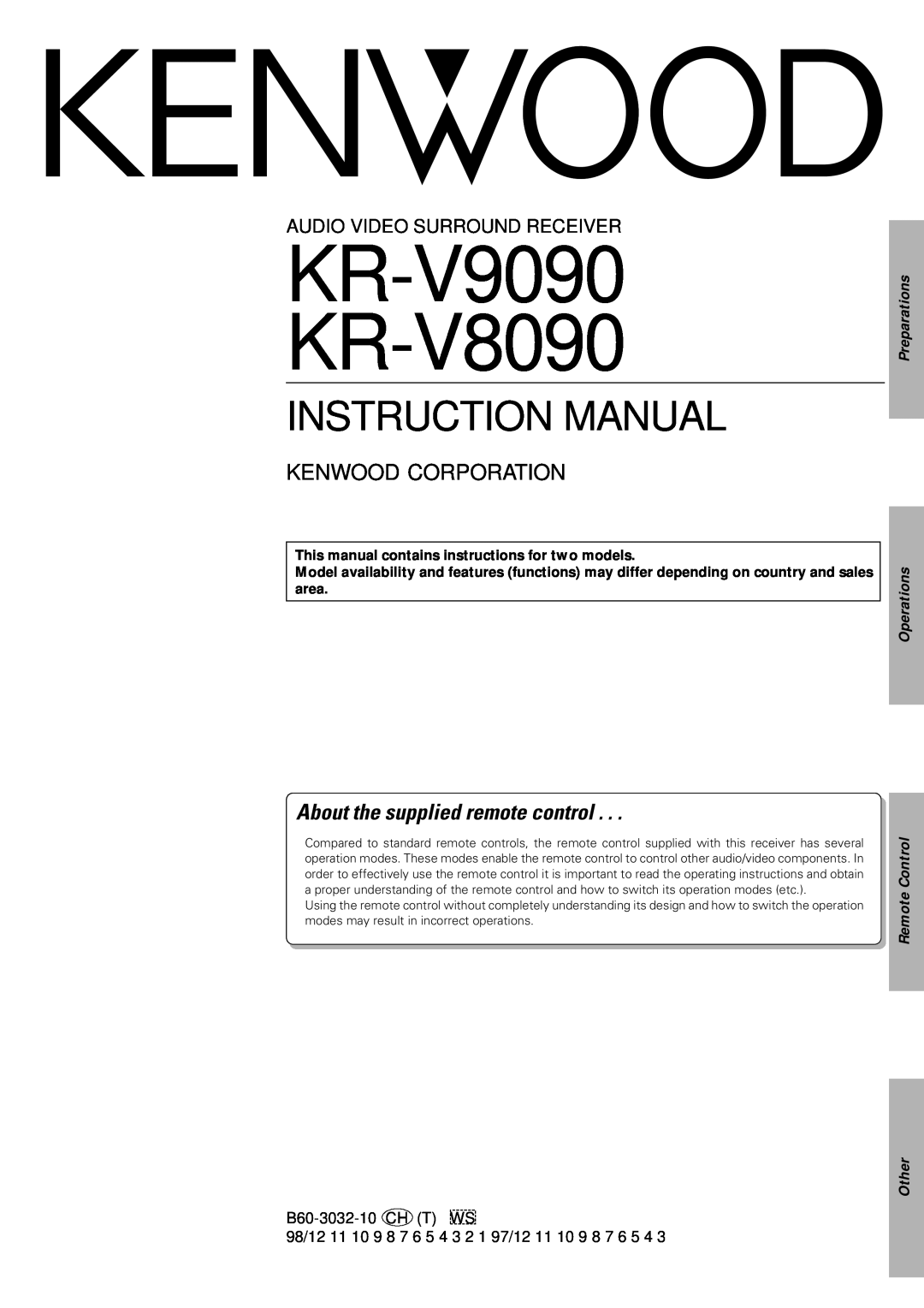 Kenwood KR-V8090 instruction manual About the supplied remote control, Preparations, Operations Remote Control Other 