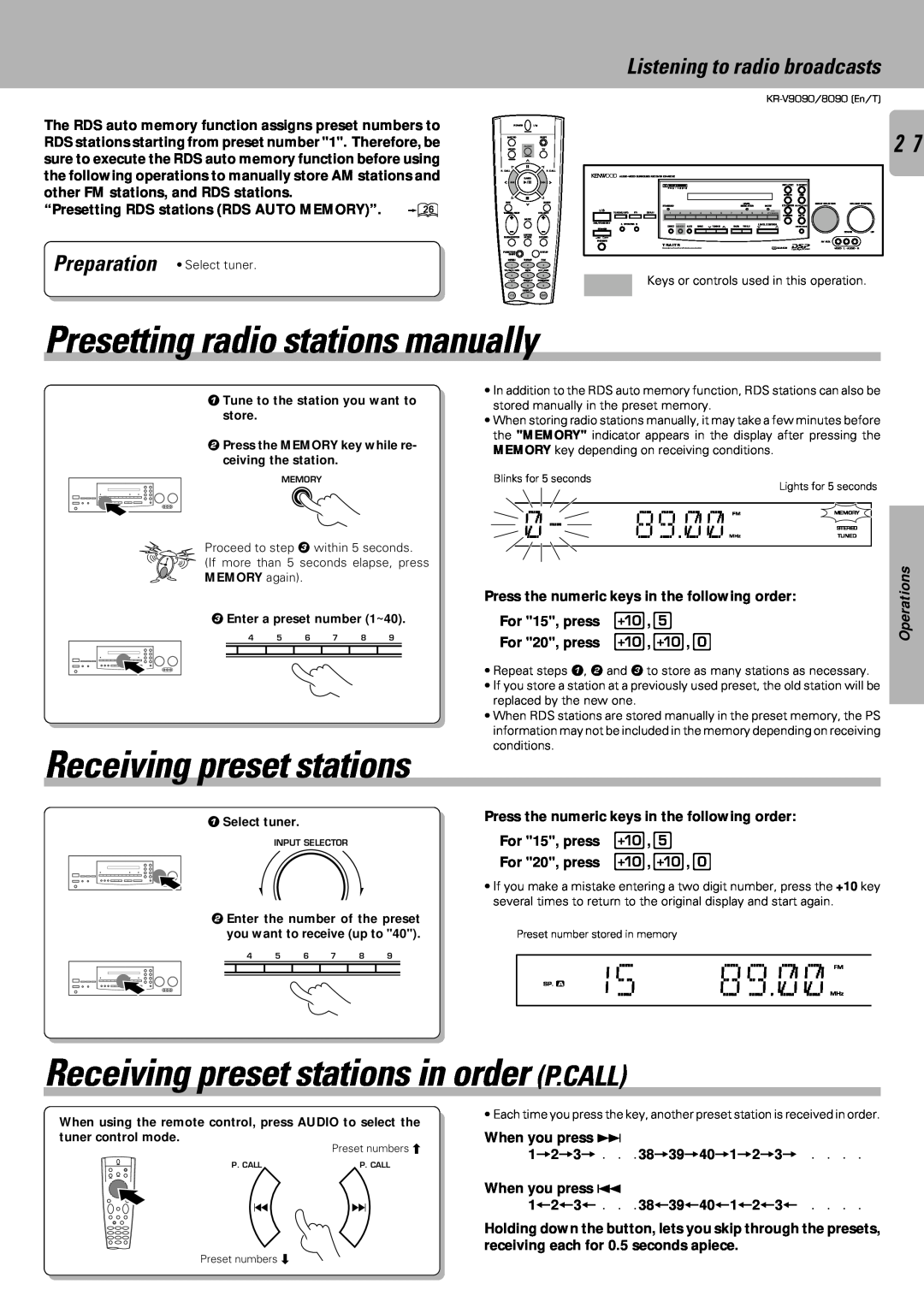 Kenwood KR-V8090, KR-V9090 Presetting radio stations manually, Receiving preset stations in order P.CALL, 89.MHz 