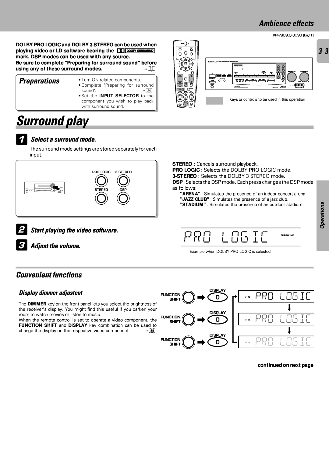 Kenwood KR-V8090 Pro Logic Surround, Surround play, Sp. A Pro Logic, Ambience effects, Preparations, Convenient functions 