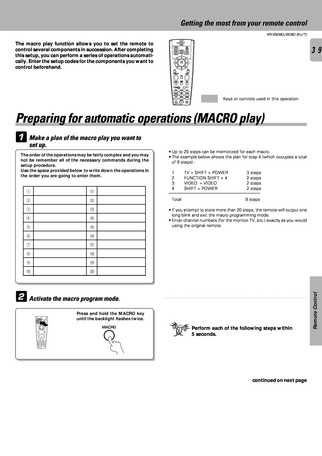 Kenwood KR-V8090 Preparing for automatic operations MACRO play, 1Make a plan of the macro play you want to set up 