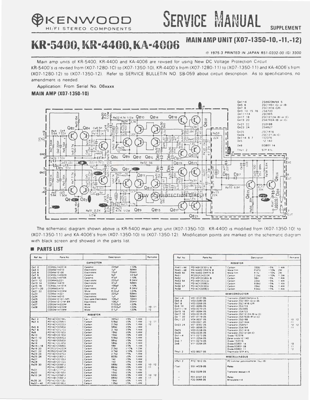 Kenwood KR4400, KR5400, KA4006 specifications Oe1s, ~I ENV\1000, c..o.n, 1/4W, MAIN AMP XOJ-1350-10, Parts List 