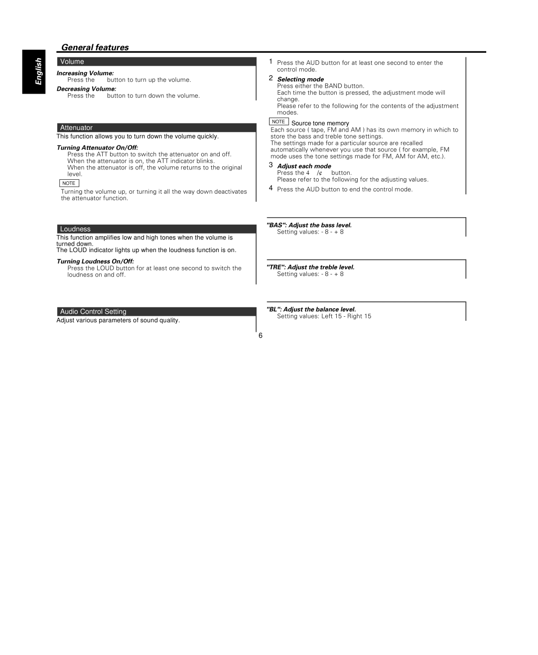 Kenwood KRC-108S instruction manual Volume, Attenuator, Loudness, Audio Control Setting 