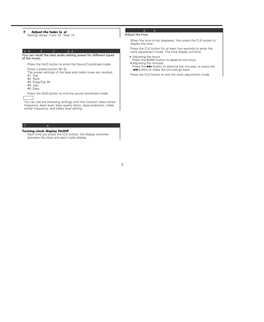 Kenwood KRC-108S instruction manual Ec4/dB Sound Coordinate, Clock display, Adjusting Time, FD Adjust the fader level 