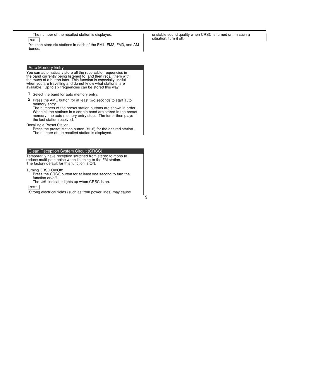 Kenwood KRC-108S instruction manual Auto Memory Entry, Clean Reception System Circuit Crsc, Turning Crsc On/Off 