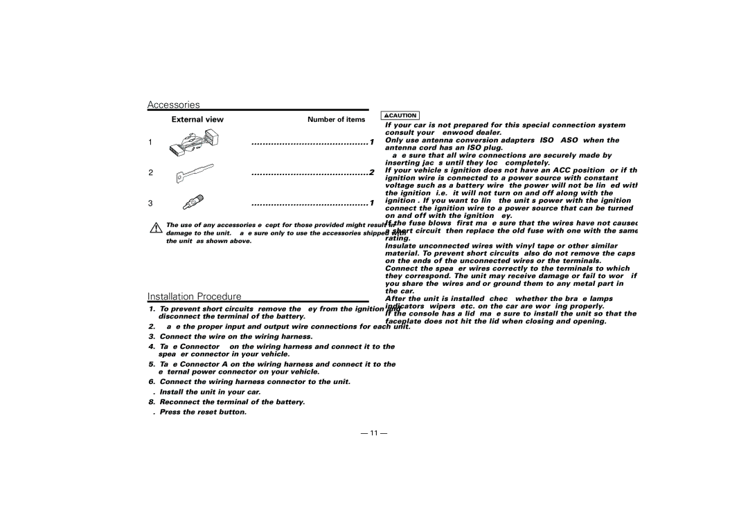 Kenwood KRC-21SA, KRC-21SG instruction manual Accessories, Installation Procedure, Number of items 