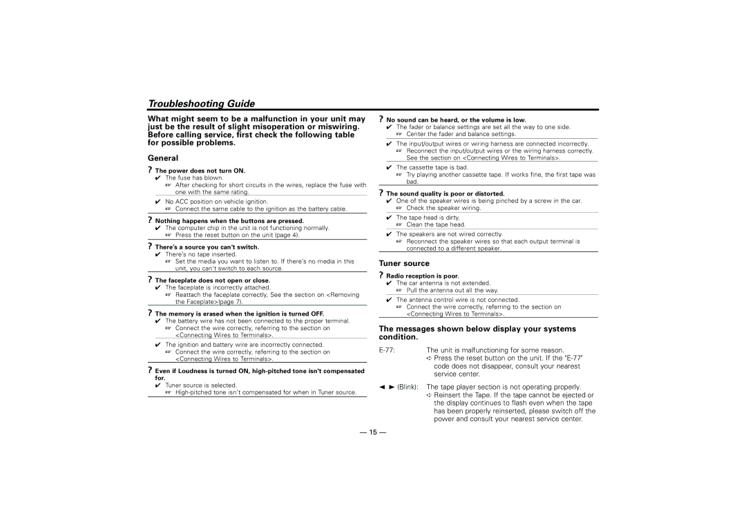 Kenwood KRC-21SA, KRC-21SG instruction manual Troubleshooting Guide, ? The power does not turn ON.01 