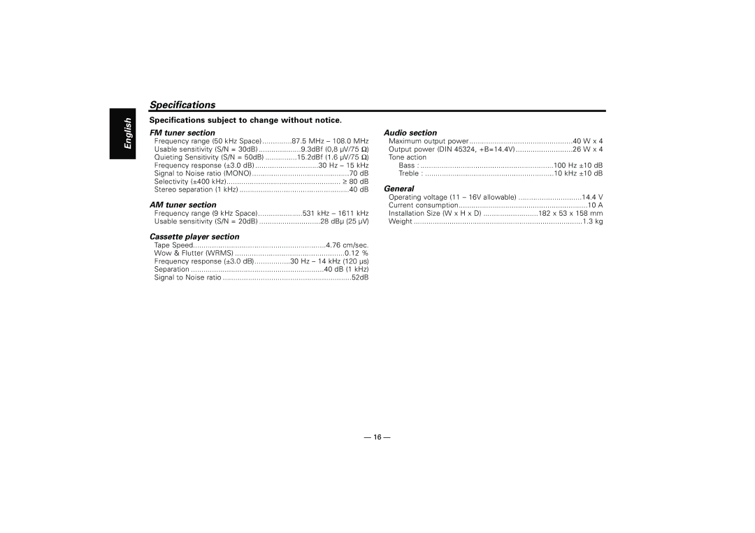 Kenwood KRC-21SG, KRC-21SA Specifications, AM tuner section, Audio section, General, Cassette player section 