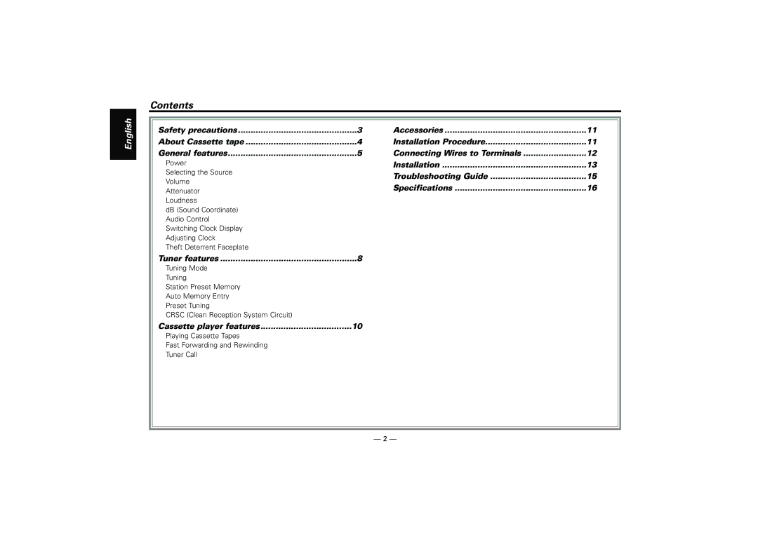 Kenwood KRC-21SG, KRC-21SA instruction manual Contents 