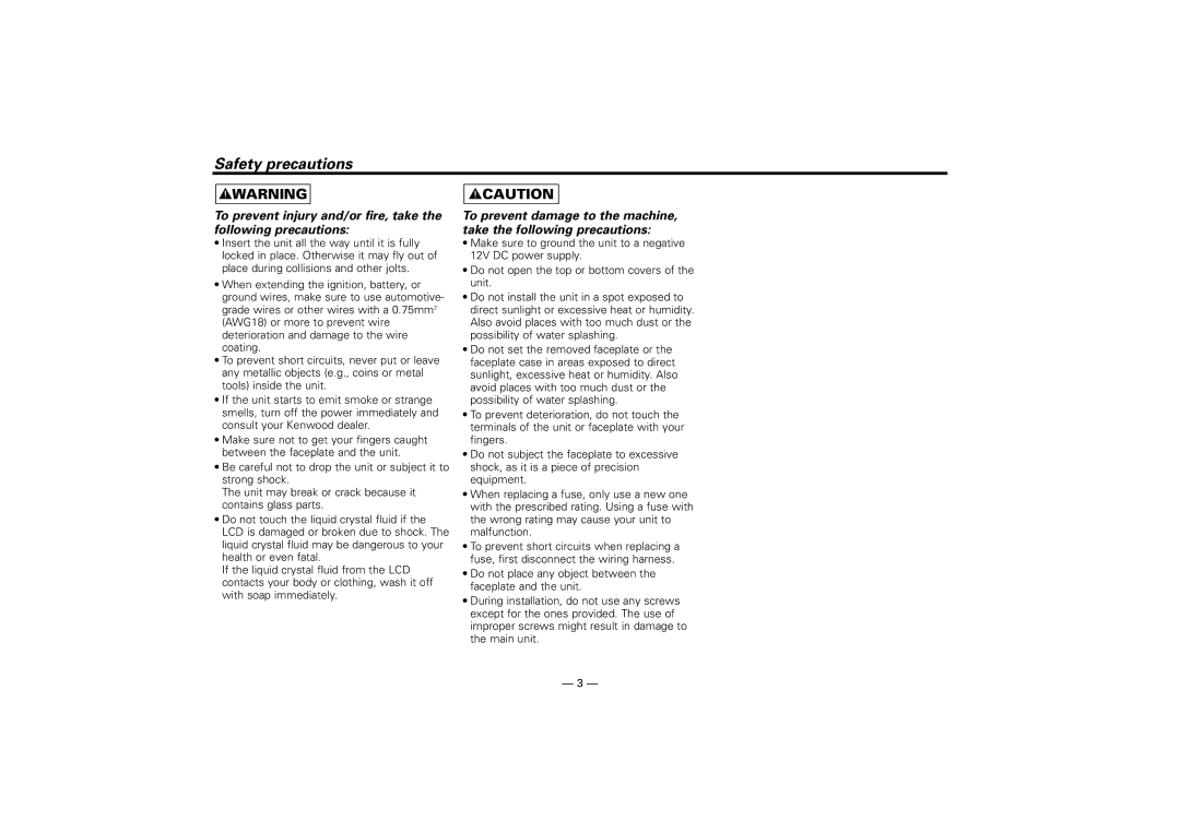 Kenwood KRC-21SA, KRC-21SG instruction manual Safety precautions, 2WARNING 2CAUTION 