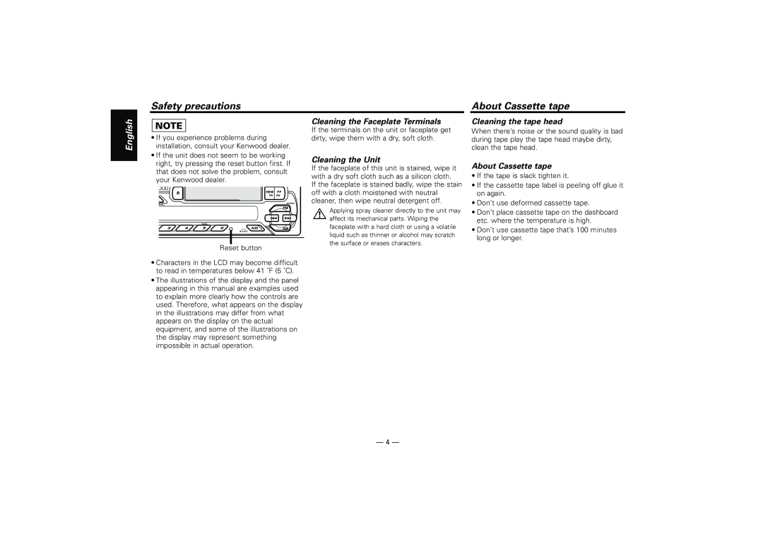 Kenwood KRC-21SG, KRC-21SA Safety precautions About Cassette tape, Cleaning the Faceplate Terminals, Cleaning the Unit 