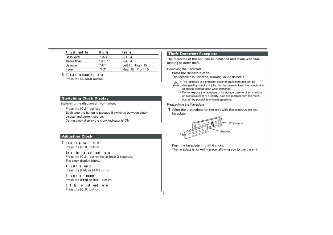 Kenwood KRC-21SA, KRC-21SG instruction manual Switching Clock Display, Theft Deterrent Faceplate, Adjusting Clock 