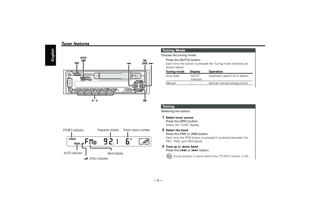 Kenwood KRC-21SG, KRC-21SA instruction manual Tuning Mode 