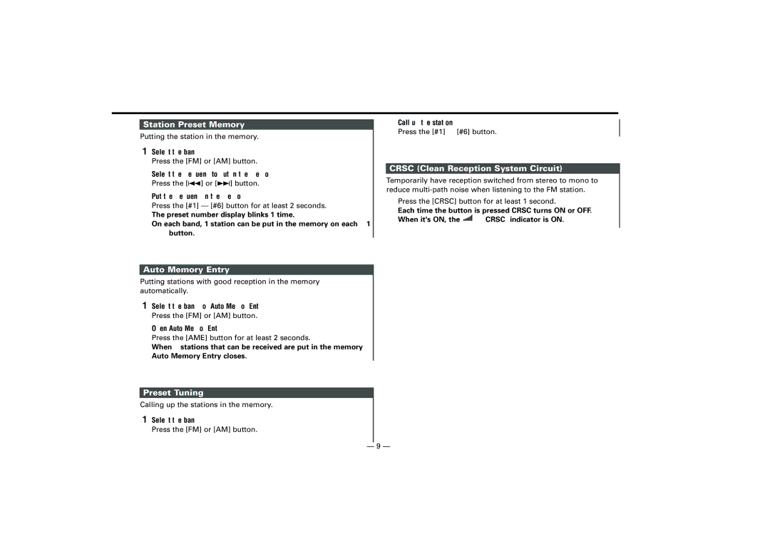 Kenwood KRC-21SA, KRC-21SG Station Preset Memory, Crsc Clean Reception System Circuit, Auto Memory Entry, Preset Tuning 