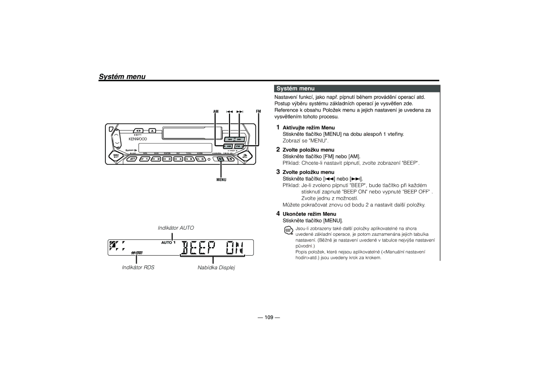 Kenwood KRC-37, KRC-394, KRC-31 instruction manual Systém menu, Zvolte položku menu, Ukončete režim Menu 