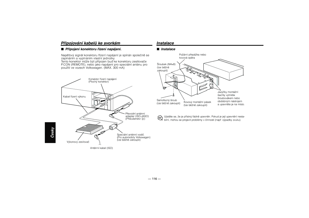 Kenwood KRC-31, KRC-394, KRC-37 instruction manual Instalace, Připojení konektoru řízení napájení, 116 