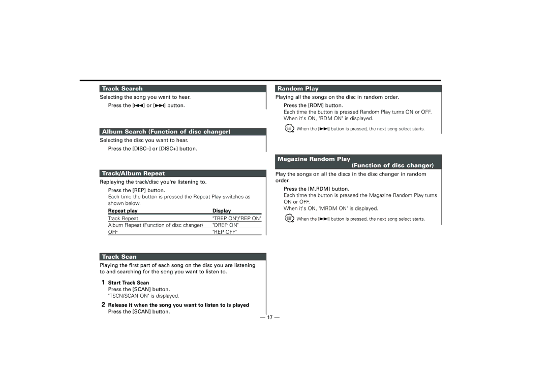 Kenwood KRC-31, KRC-394 Track Search, Album Search Function of disc changer, Track/Album Repeat, Random Play, Track Scan 