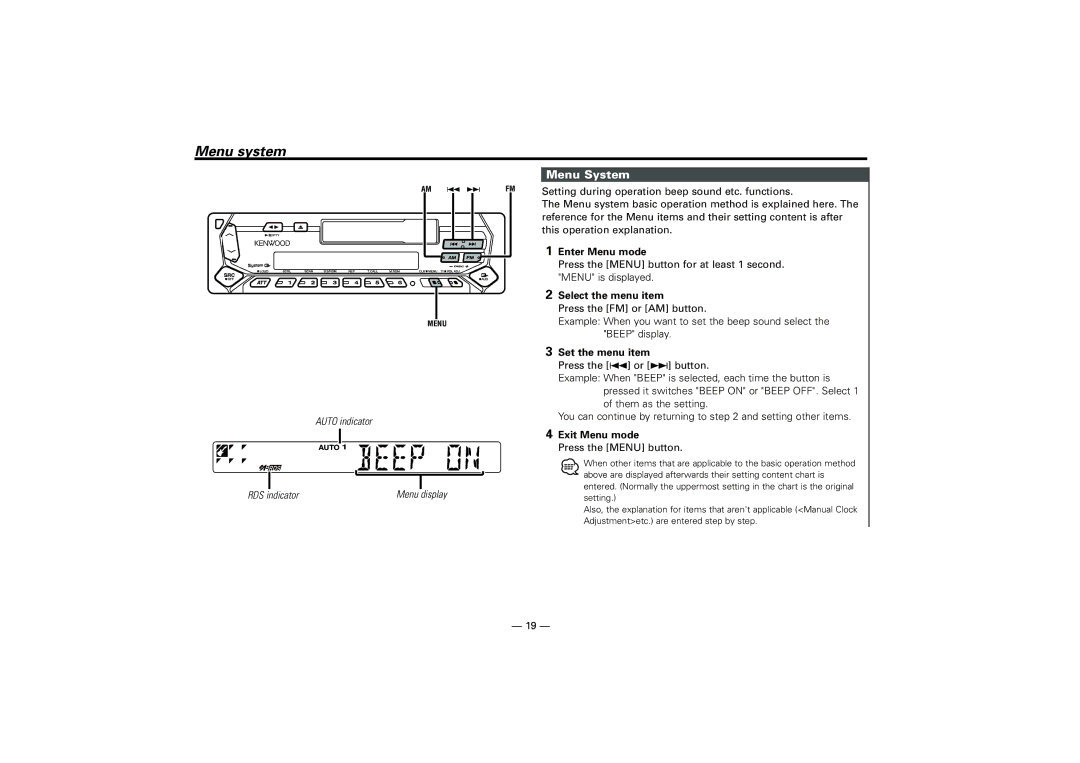 Kenwood KRC-37, KRC-394, KRC-31 instruction manual Menu system, Menu System, Select the menu item, Set the menu item 