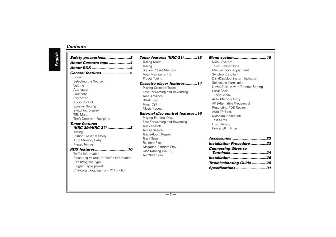 Kenwood KRC-31, KRC-394, KRC-37 instruction manual Contents 