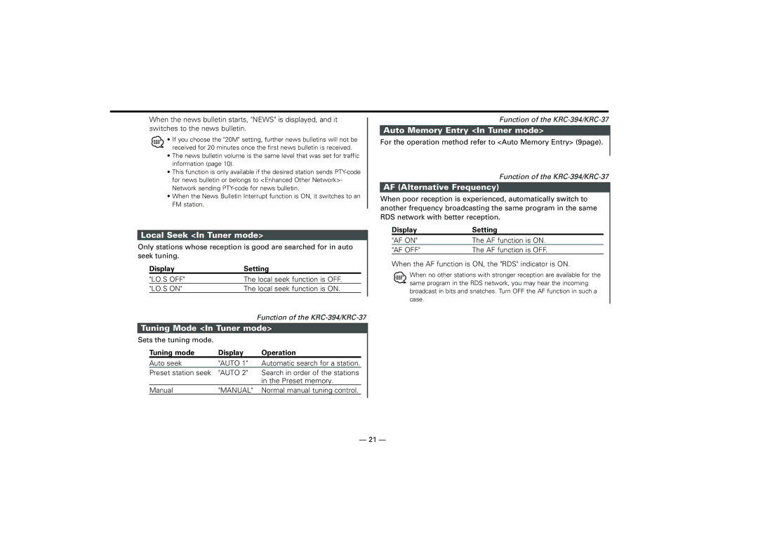 Kenwood KRC-394, KRC-37, KRC-31 Local Seek In Tuner mode, Tuning Mode In Tuner mode, Auto Memory Entry In Tuner mode 