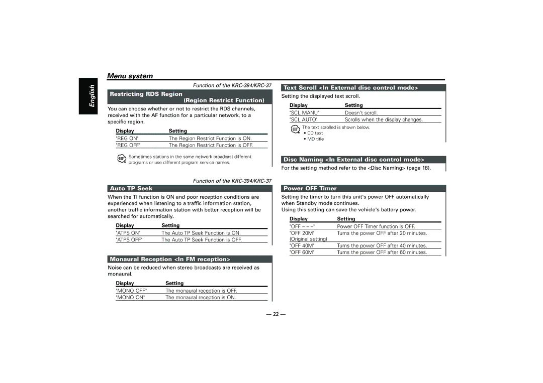 Kenwood KRC-37 Restricting RDS Region Region Restrict Function, Text Scroll In External disc control mode, Auto TP Seek 