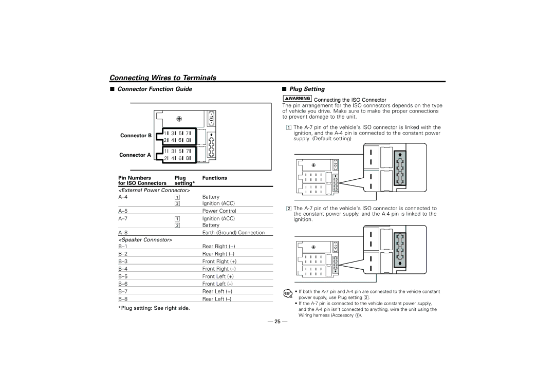 Kenwood KRC-37 Connector Function Guide Plug Setting, Connector a, Pin Numbers Plug Functions For ISO Connectors Setting 