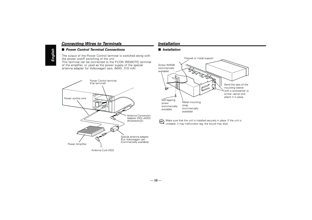 Kenwood KRC-31, KRC-394, KRC-37 instruction manual Installation, Power Control Terminal Connections 