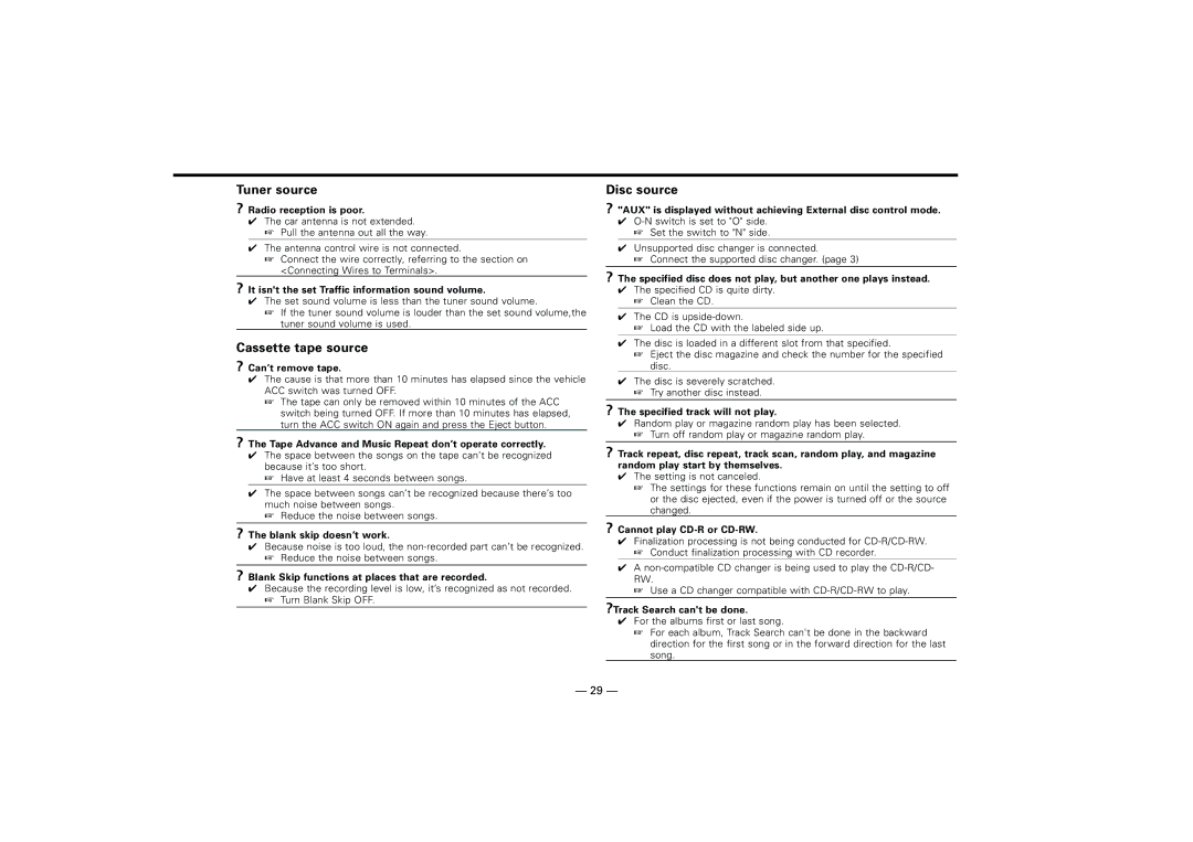 Kenwood KRC-31 ? Radio reception is poor.39, ? It isnt the set Traffic information sound volume, ? Can’t remove tape.44 