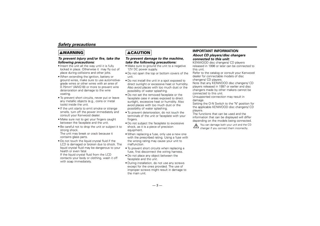 Kenwood KRC-394, KRC-37, KRC-31 instruction manual Safety precautions, Connected to this unit 