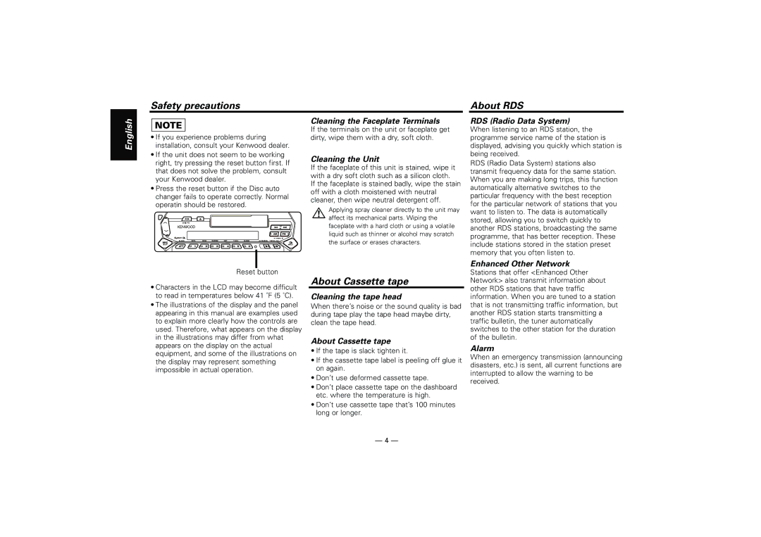 Kenwood KRC-37, KRC-394, KRC-31 instruction manual Safety precautions About RDS, About Cassette tape 