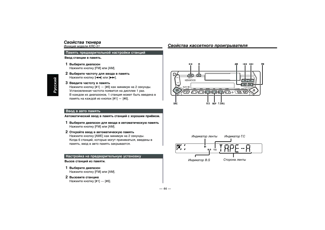 Kenwood KRC-31, KRC-394, KRC-37 Cвойства кассетного проигрывателя, Память предварительной настройки станций 